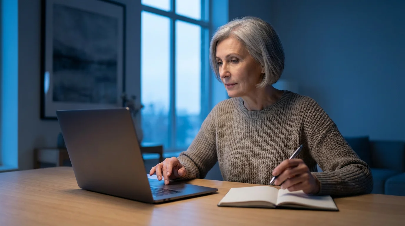 Senior woman at a desk with a laptop, planning her volunteer work at dusk.