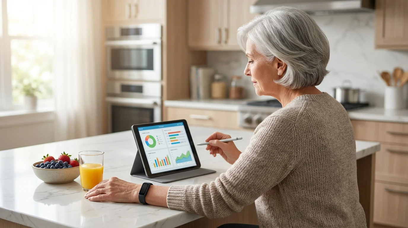 Senior woman at a kitchen counter reviewing health data from her fitness tracker on a tablet.