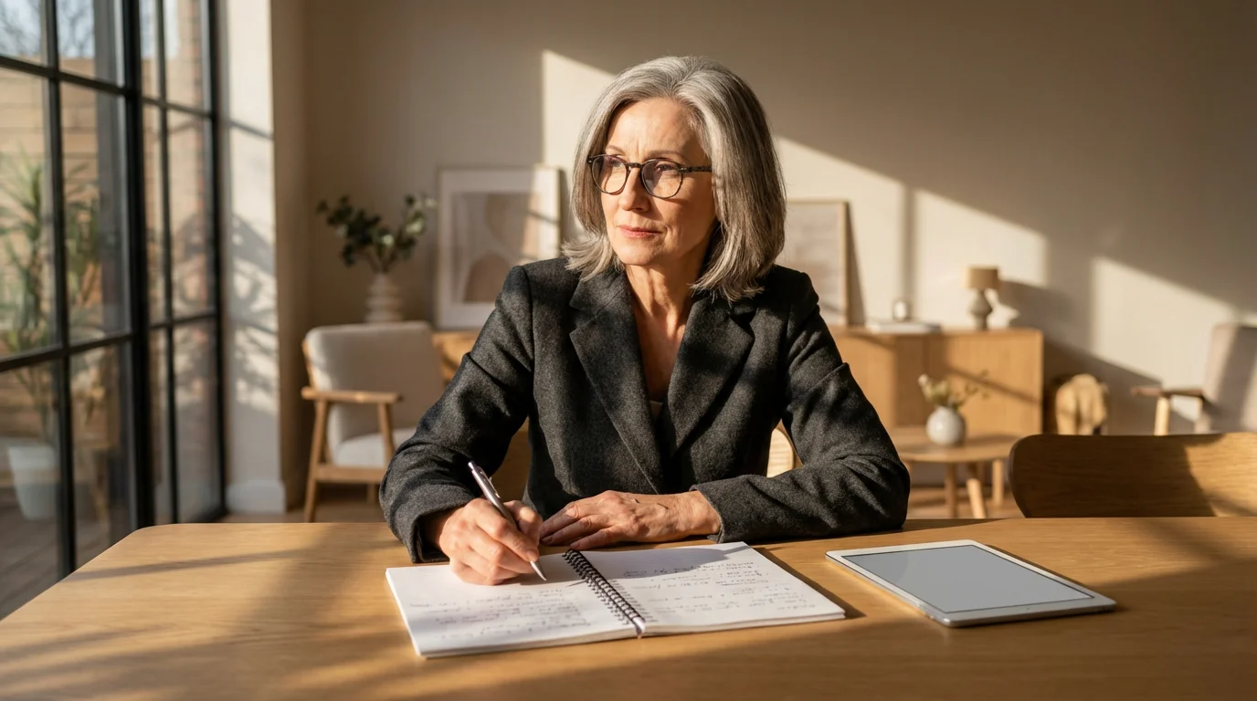 Senior woman at a table with a notebook, identifying her skills for gig work.