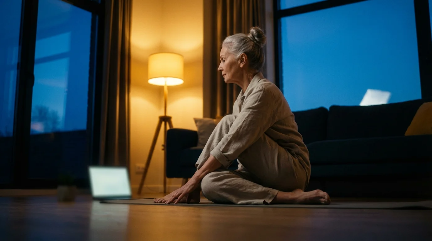 Senior woman doing a virtual yoga class in her living room at dusk.