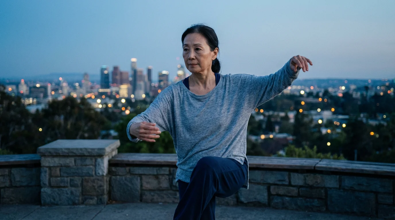 Senior woman doing tai chi in a park at dusk, overlooking a city.