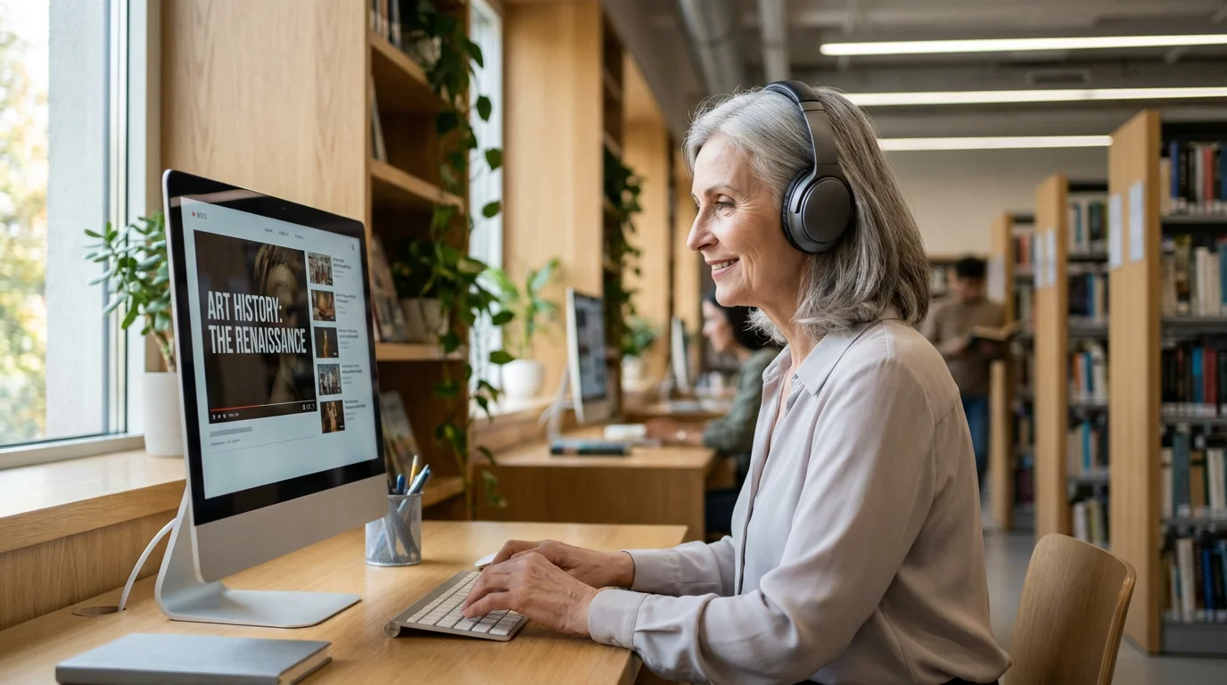 Senior woman happily using a computer for an online course in a public library.