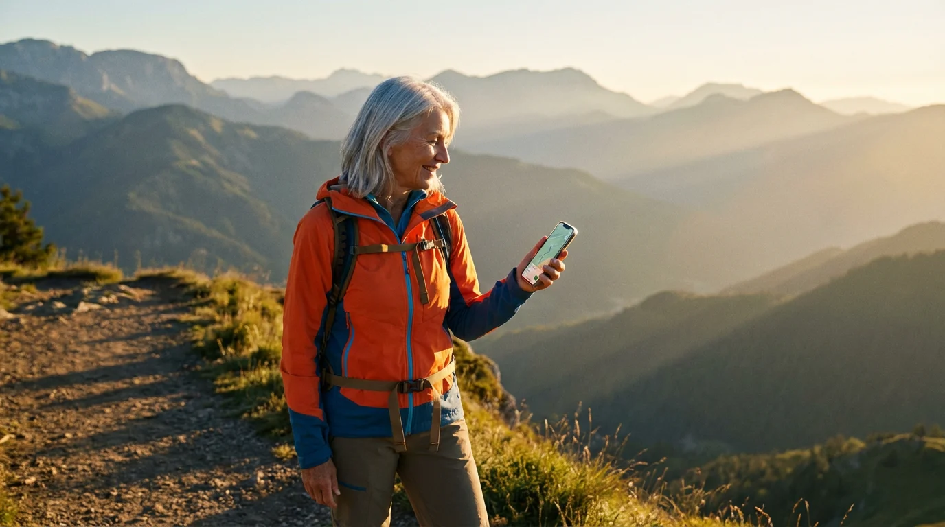 Senior woman hiker using a smartphone for navigation on a scenic mountain overlook.
