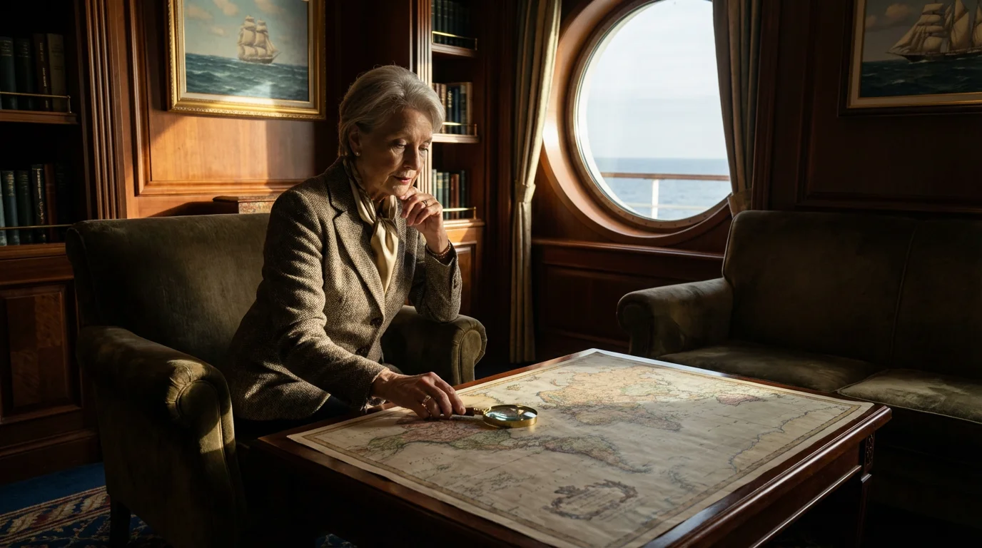 Senior woman in a cruise ship library studying a map to plan her voyage.