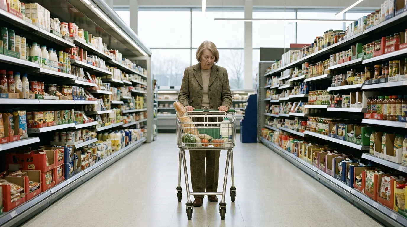 Senior woman in a grocery store looking at a nearly empty shopping cart.