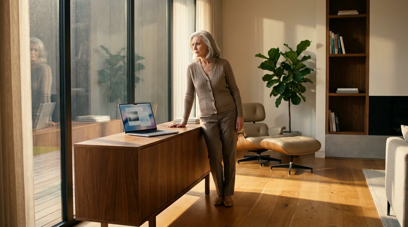 Senior woman in living room cautiously looking away from her laptop, thinking.