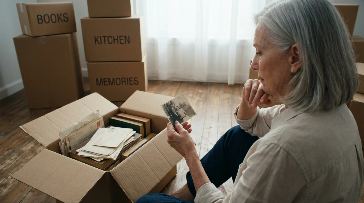 Senior woman looking at an old photograph while packing memories into moving boxes.