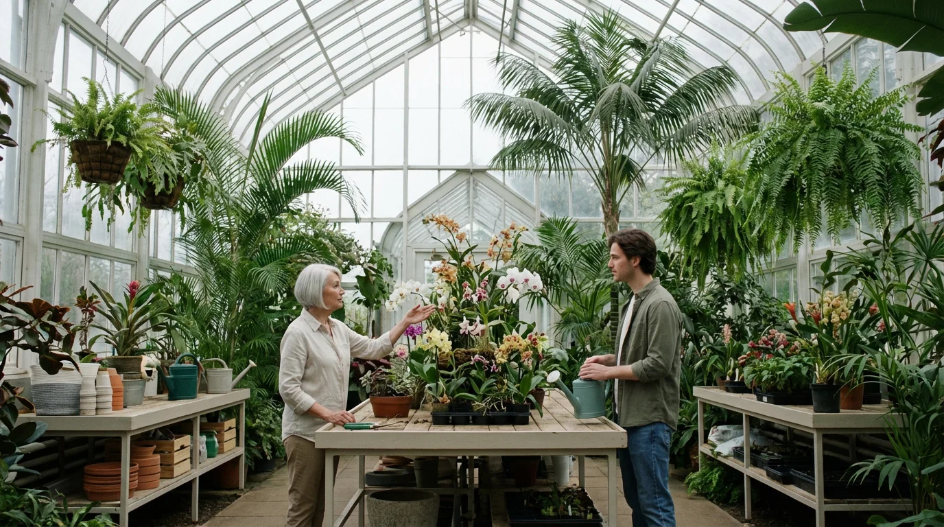 Senior woman mentors a young man in a large, modern botanical greenhouse conservatory.