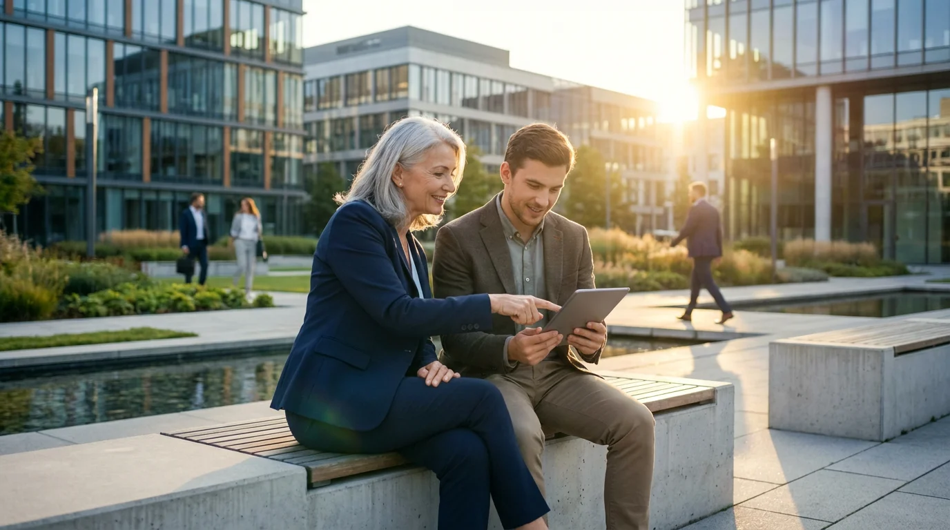 Senior woman mentors a young man with a tablet in a modern outdoor tech plaza.