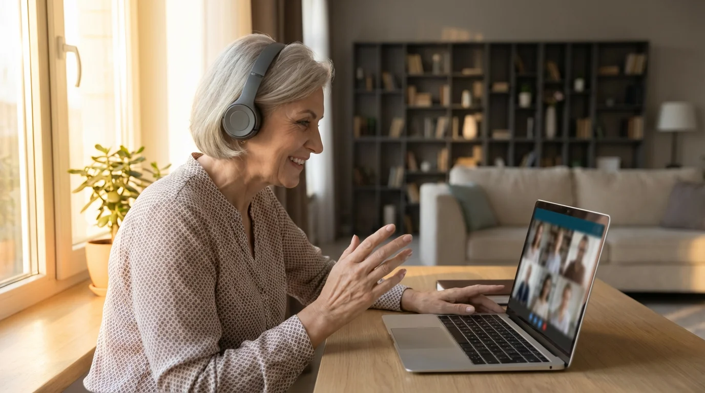 Senior woman smiling while on a video call on her laptop in a sunlit room.