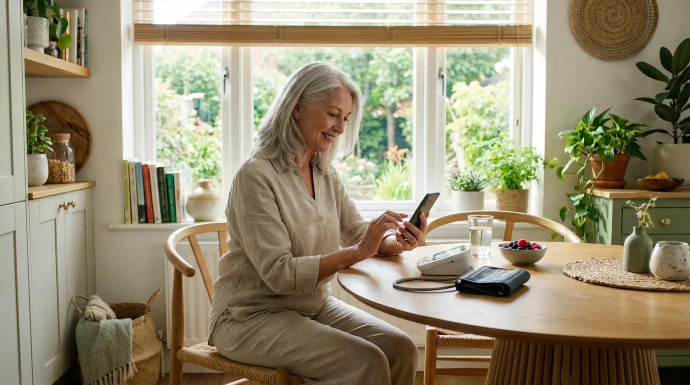 Senior woman smiling while using a smartphone and blood pressure monitor in her kitchen.