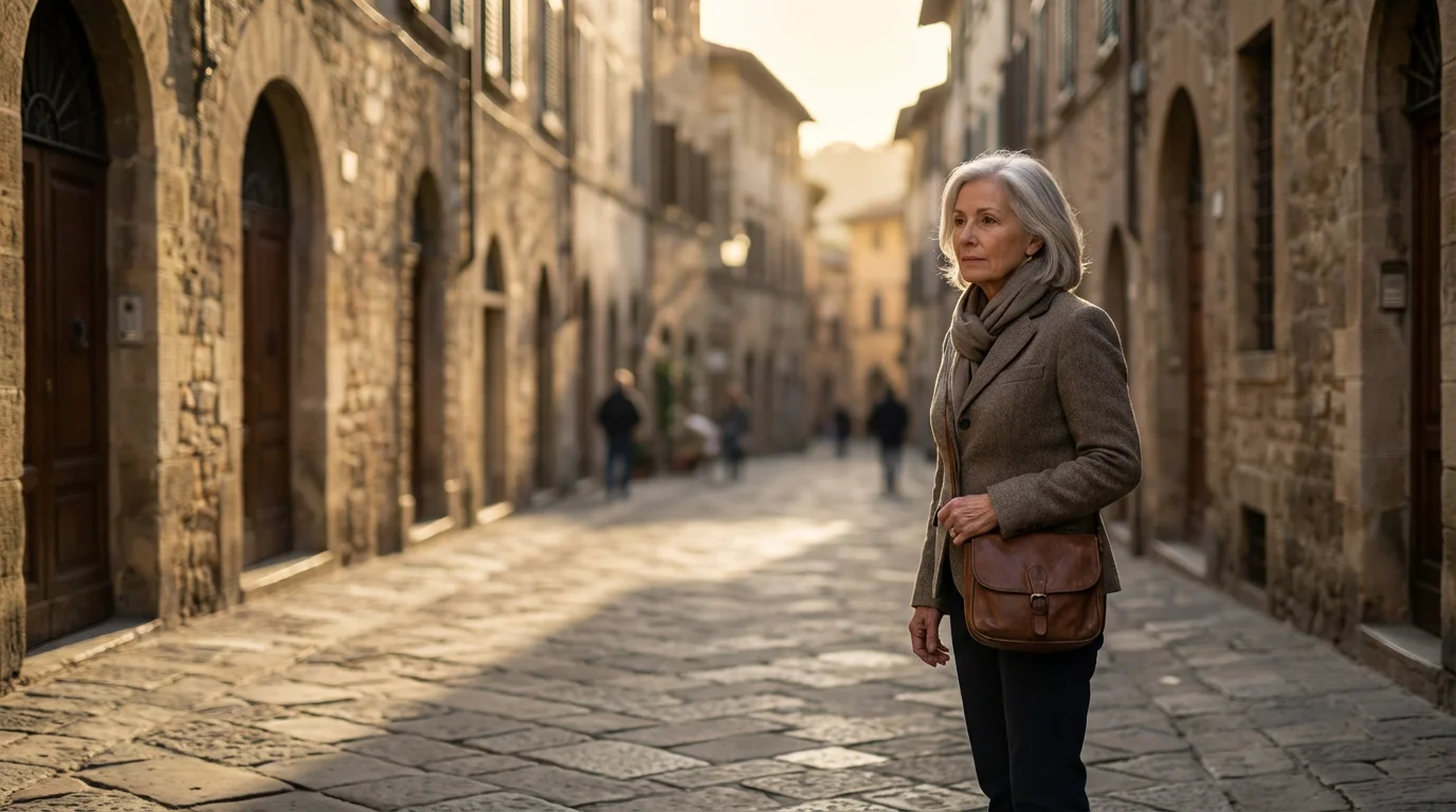 Senior woman solo traveler standing safely on a European cobblestone street in afternoon light.