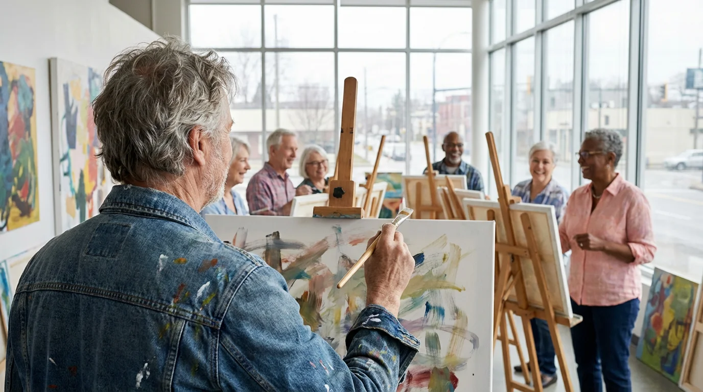 Seniors enjoying a group painting class together in a bright, modern art studio.