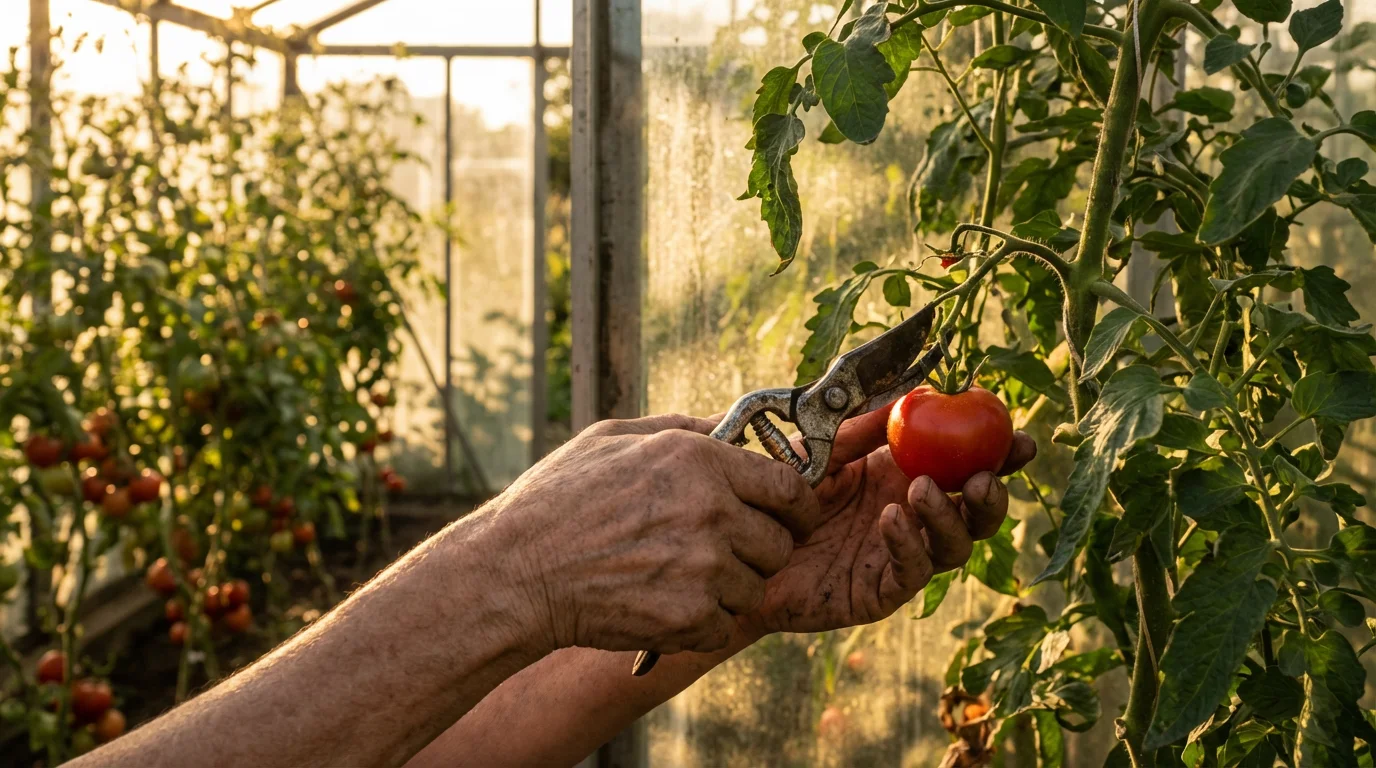 Senior's hands harvesting a ripe red tomato from a vine in a sunny greenhouse.