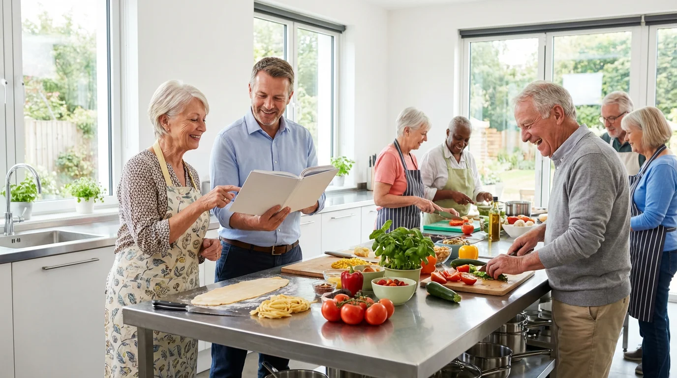 Seniors in a bright, modern kitchen during a language immersion cooking class.