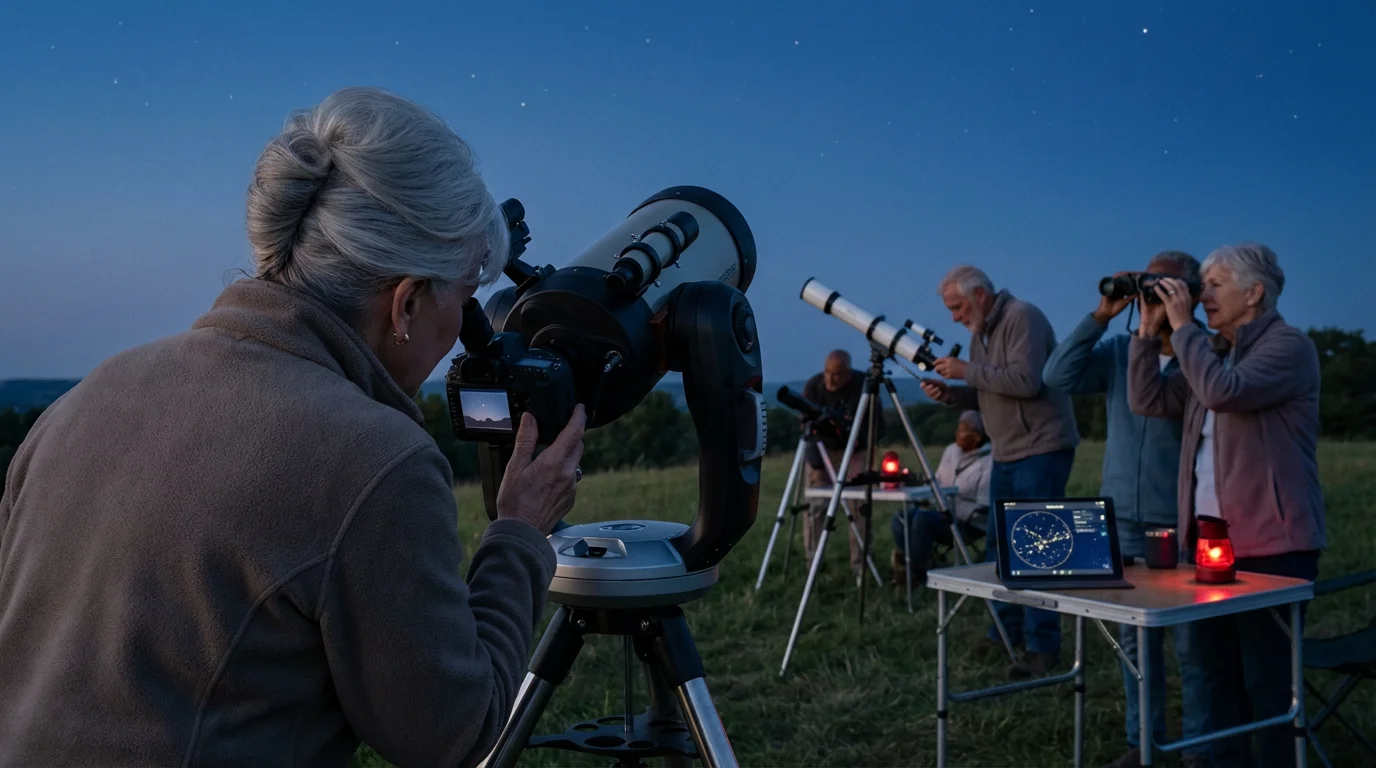 Seniors in an astronomy club using telescopes to look at the stars at dusk.