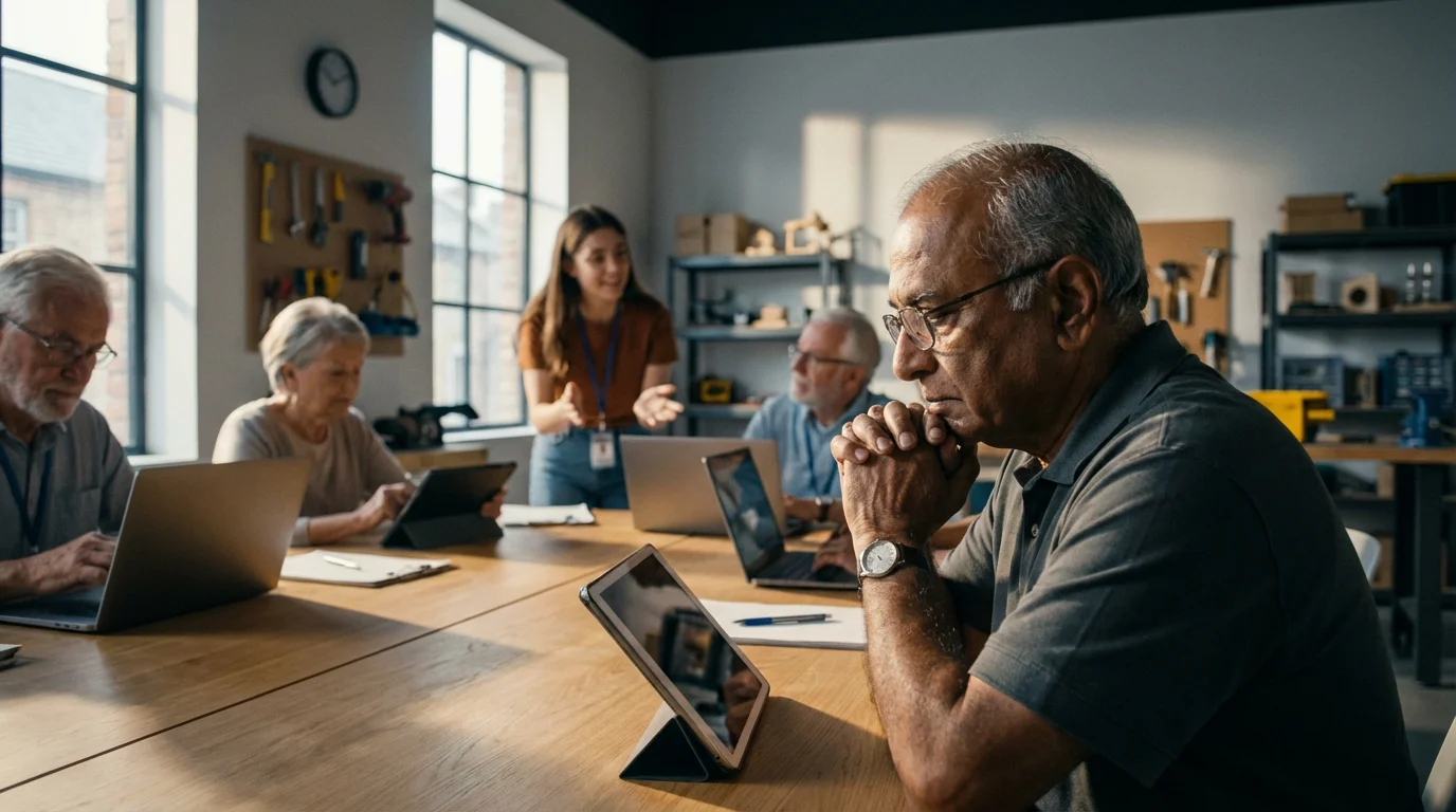 Seniors learn to use tablets and laptops in a free community center tech class.