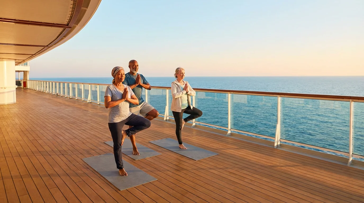 Seniors practicing gentle yoga on a cruise ship deck at sunrise over the ocean.