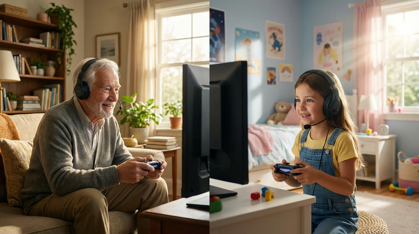 Split-screen photo of a grandfather and granddaughter playing video games online from separate homes.