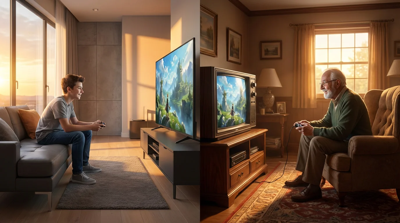 Split-screen view of a grandfather and grandson playing an online video game together from their separate homes.
