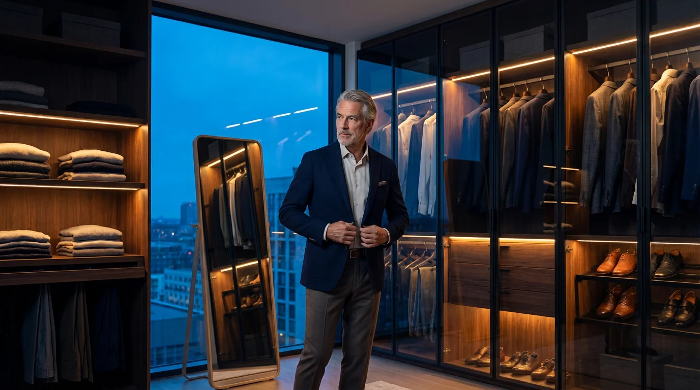 Stylish man in his late 60s trying on a blazer in a modern closet.