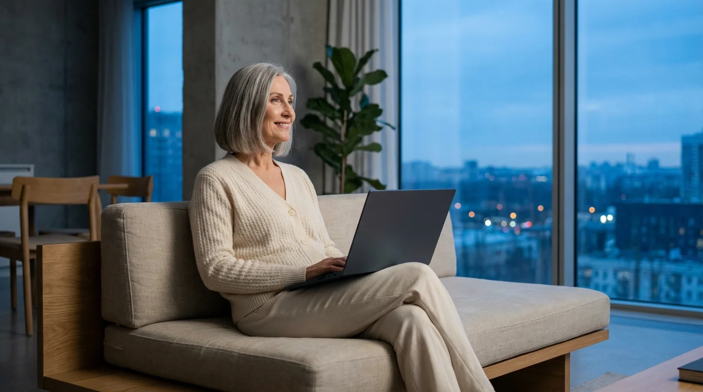 Stylish older woman with a laptop in a modern living room at dusk.