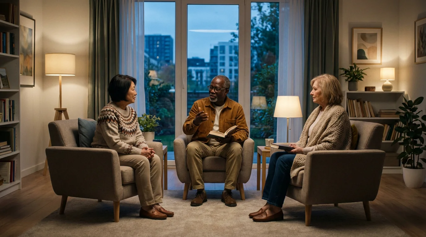 Three diverse seniors in a cozy living room book club during blue hour.