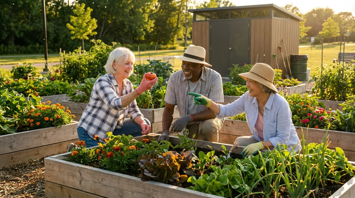Three diverse seniors laughing and gardening together in a community garden during golden hour.