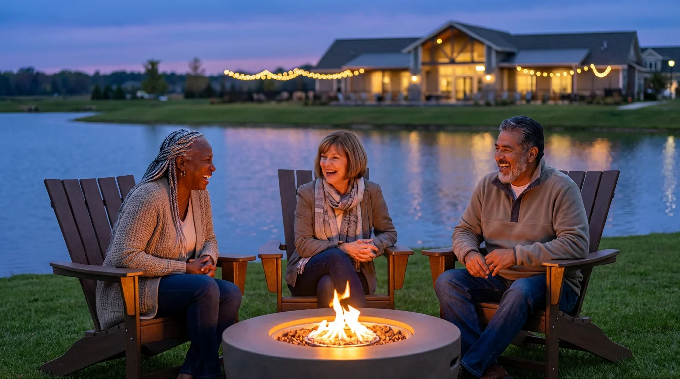Three diverse seniors laughing together around a fire pit by a lake at dusk.