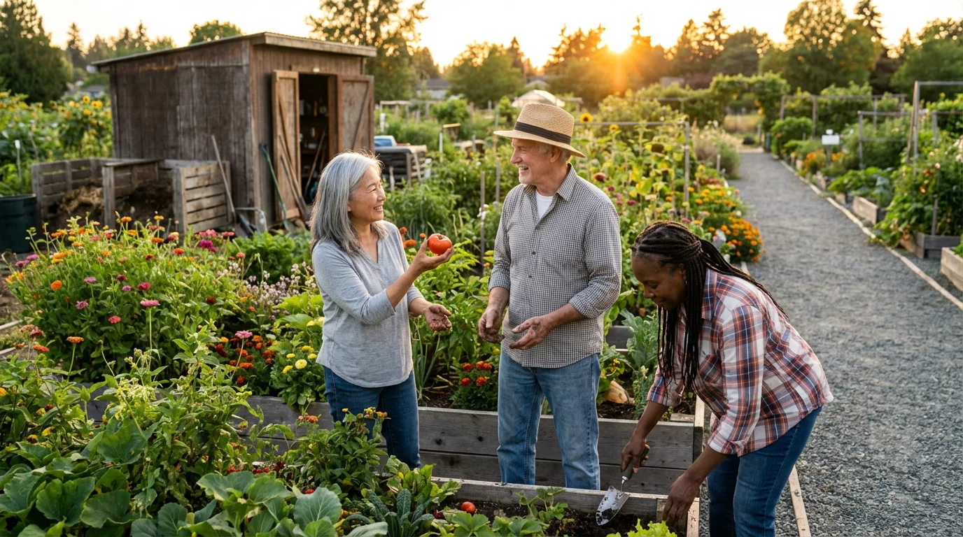 Three diverse seniors volunteering together in a community garden during a warm golden hour sunset.