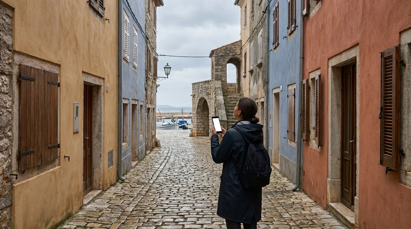 Traveler with a smartphone observing the light in a European alley under an overcast sky.