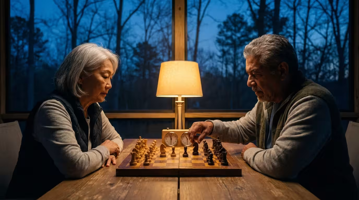 Two diverse seniors playing an engaging game of chess on a screened-in porch at dusk.