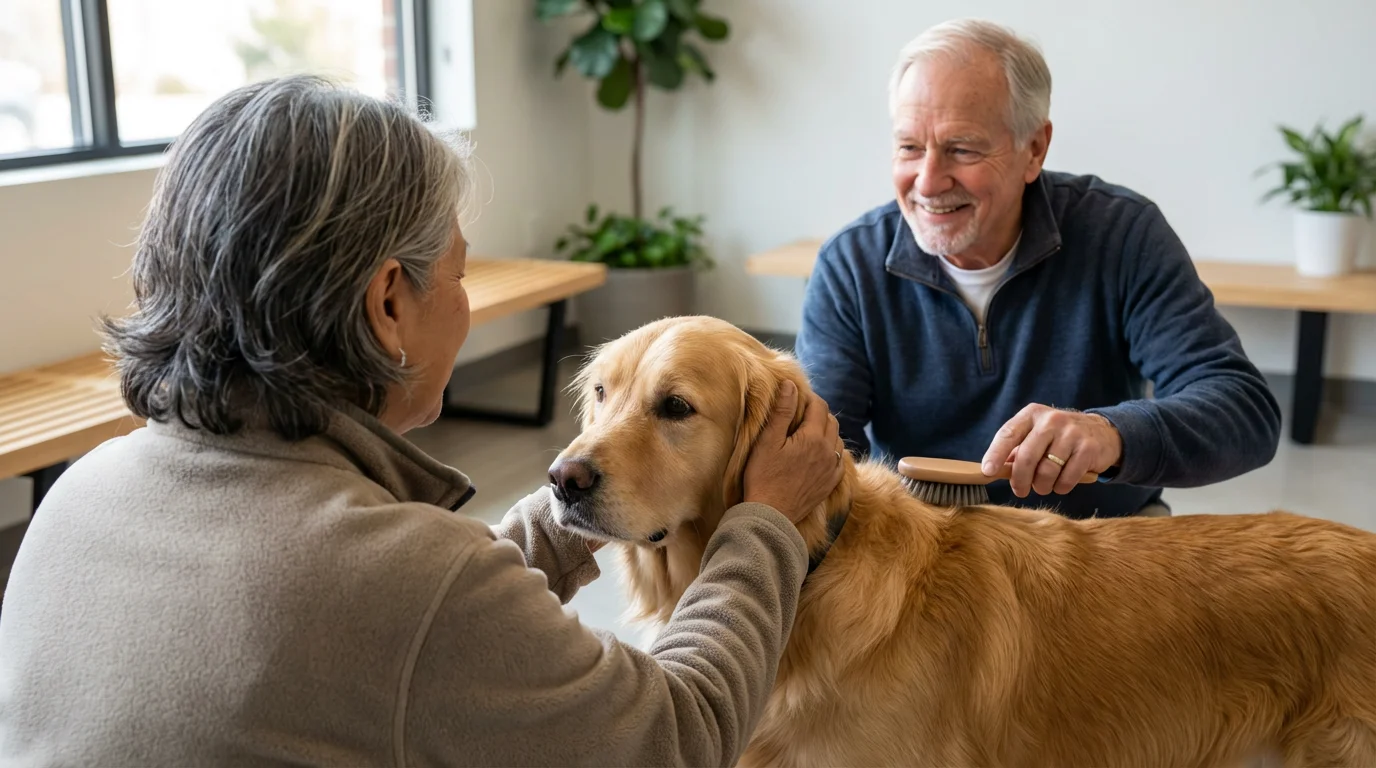 Two seniors volunteering at an animal shelter, bonding while petting a golden retriever dog.