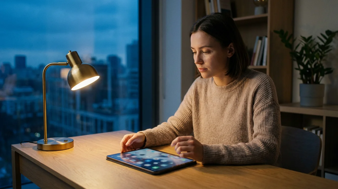 Woman at a desk researching telehealth providers on a tablet during the evening.