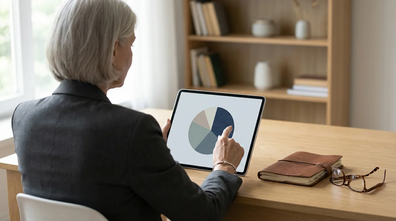Woman at desk with tablet and planner, integrating modern and traditional retirement strategies.