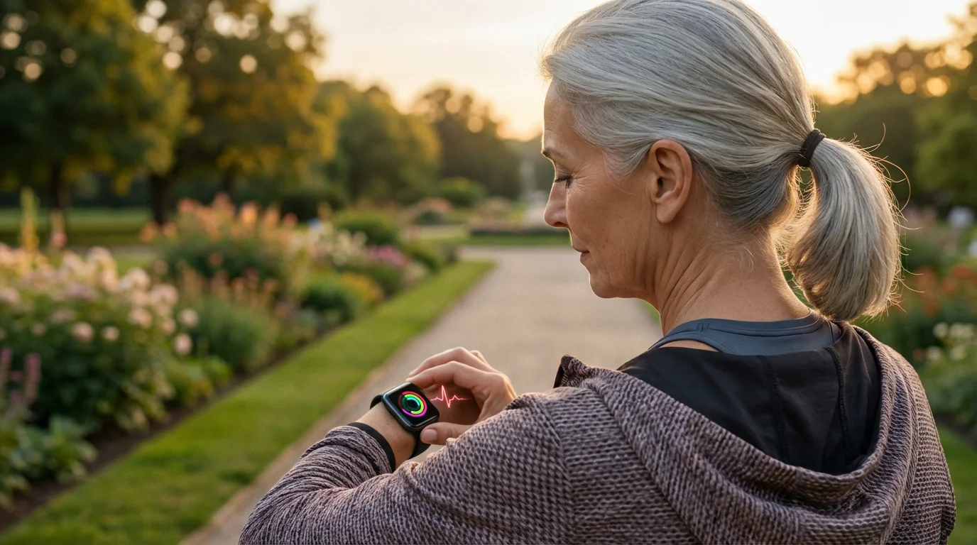 Woman checks health data on her smartwatch while outdoors during a beautiful golden hour.
