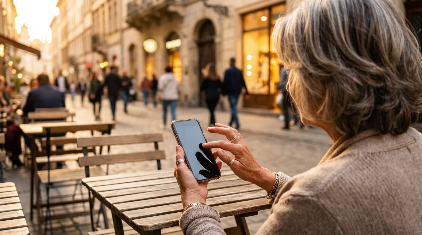 Woman holding a smartphone with a blank screen at an outdoor cafe during sunset.