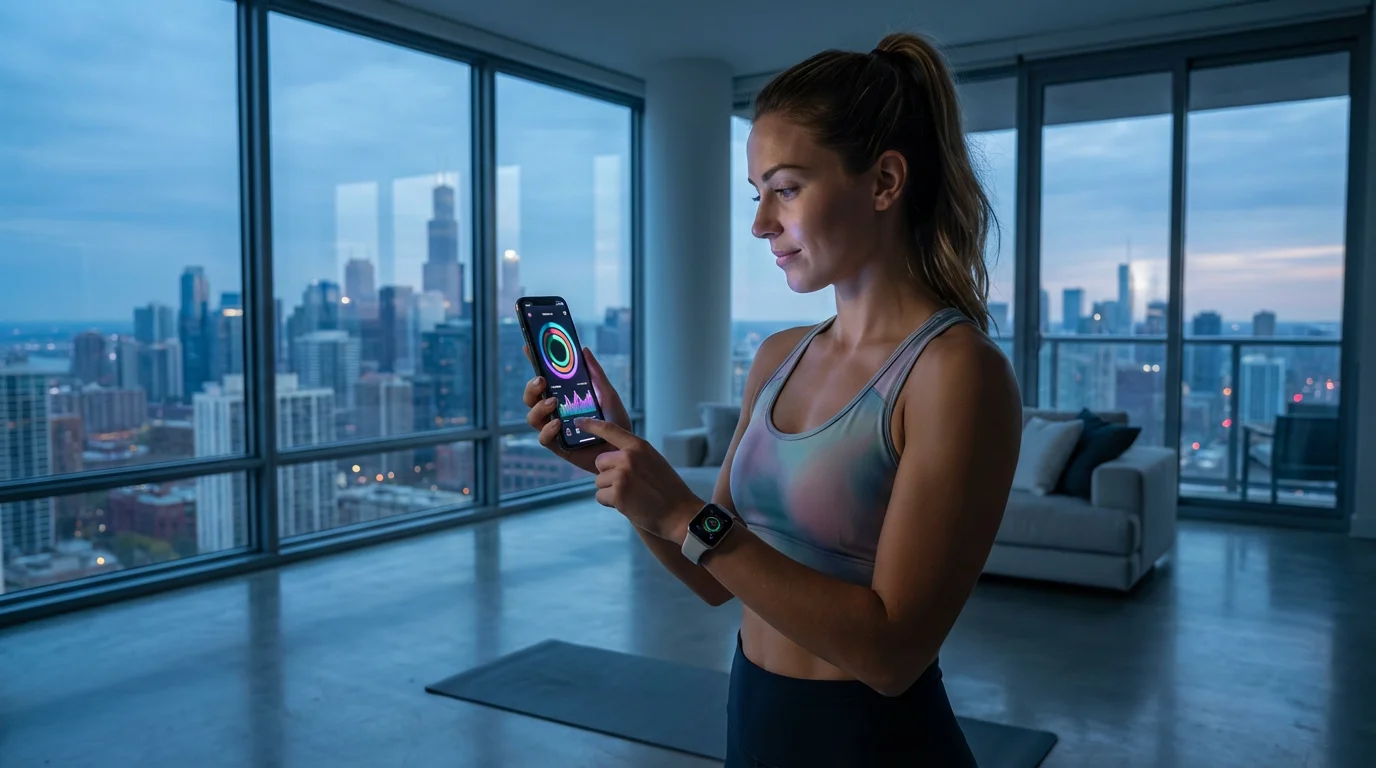 Woman in a modern apartment checking health app data on her smartphone at twilight.