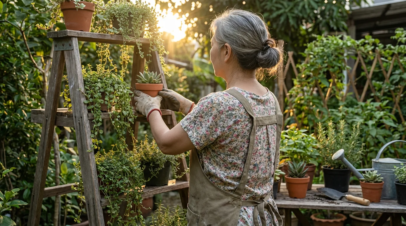 Woman in her 60s arranging potted plants in her beautiful garden at sunset.