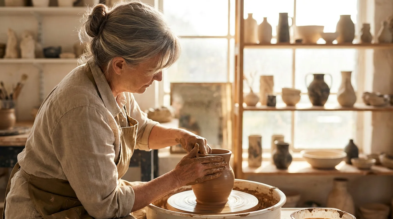 Woman in her 60s learning pottery, finding a new purpose in retirement.
