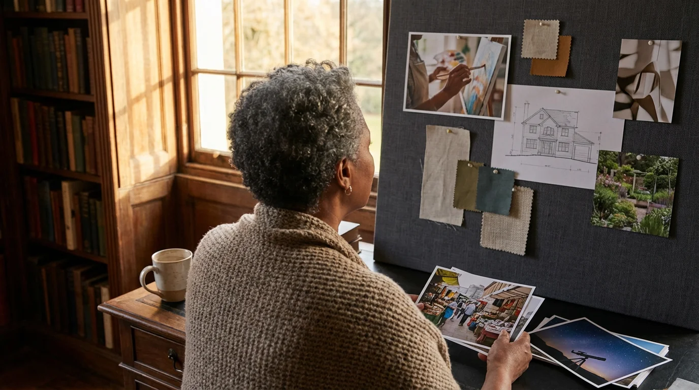 Woman in her late 50s reviews her retirement vision board at her desk during a moody afternoon.