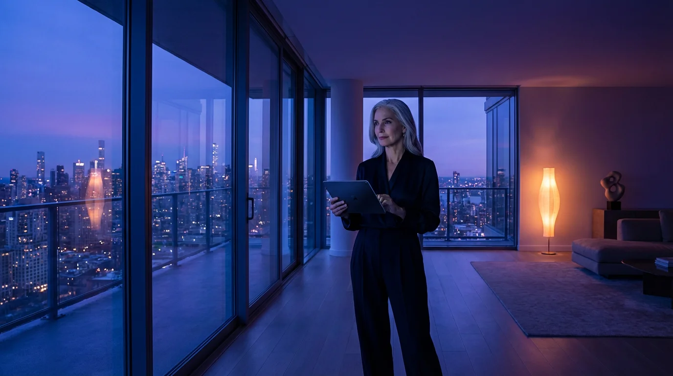 Woman in modern apartment at dusk, holding a tablet and looking out at city.