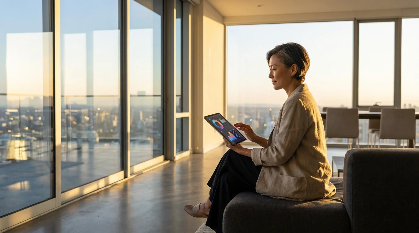 Woman in modern apartment uses a tablet to manage retirement finances at sunset.