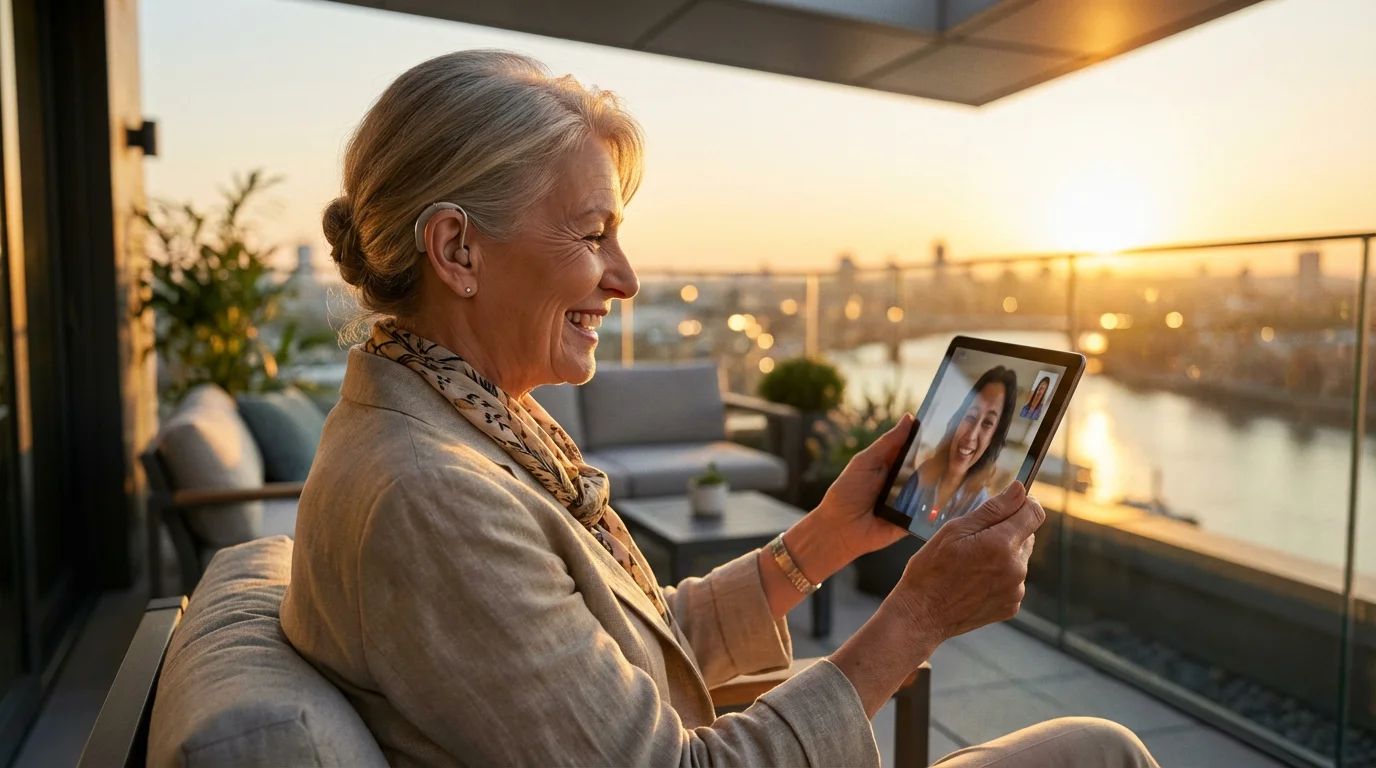Woman on a balcony at sunset having a video call with a tablet and hearing aid.