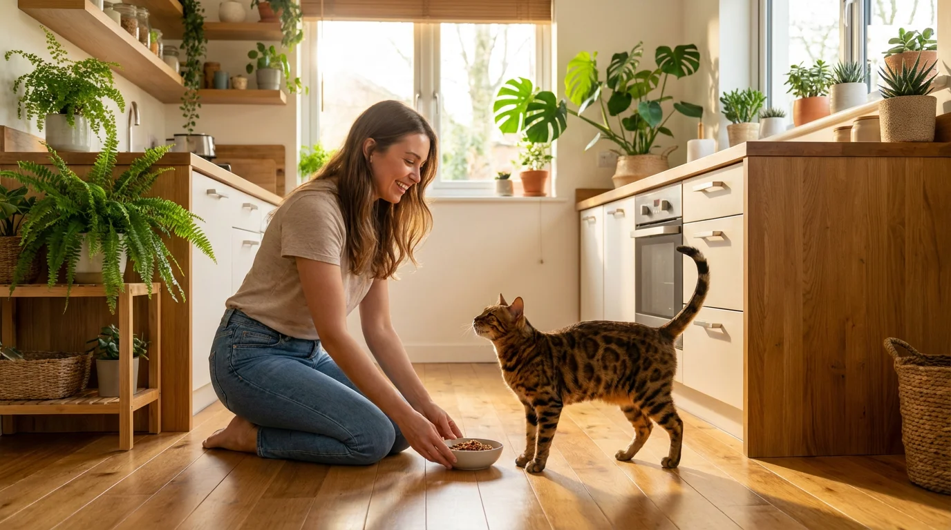 Young woman house sitting, feeding a cat in a bright, sunlit modern kitchen.