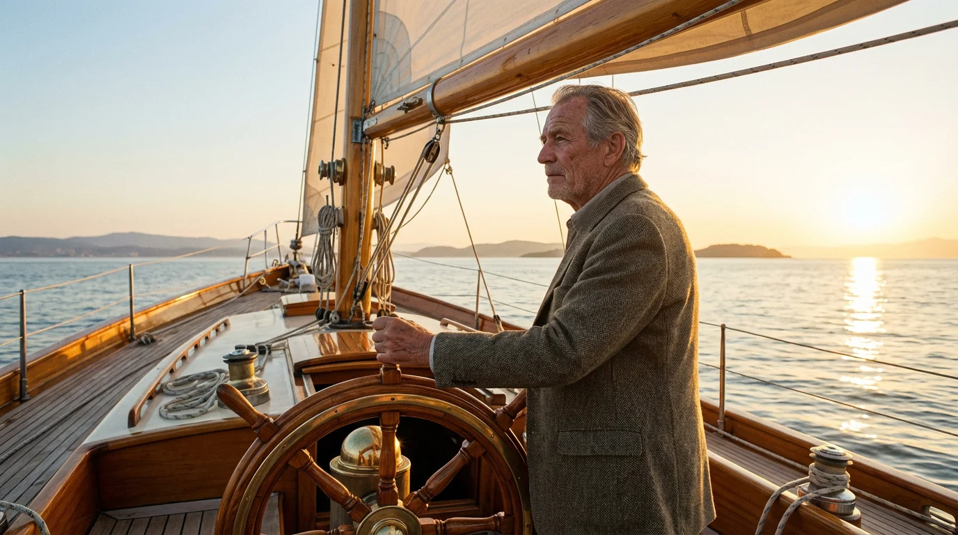 A senior man steering a classic wooden sailboat on calm water at sunset.
