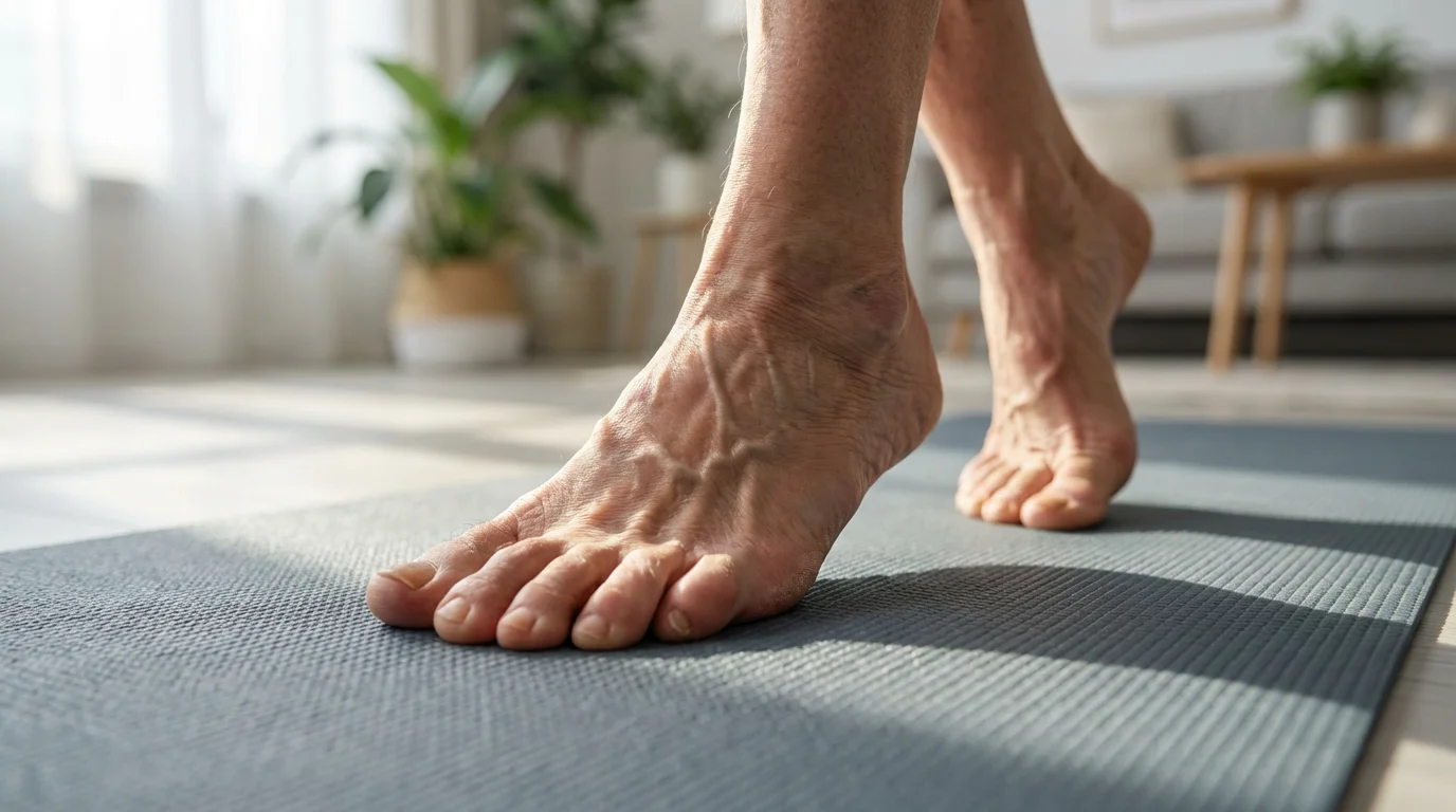 Close-up of an older person's feet on a yoga mat during a balance exercise.