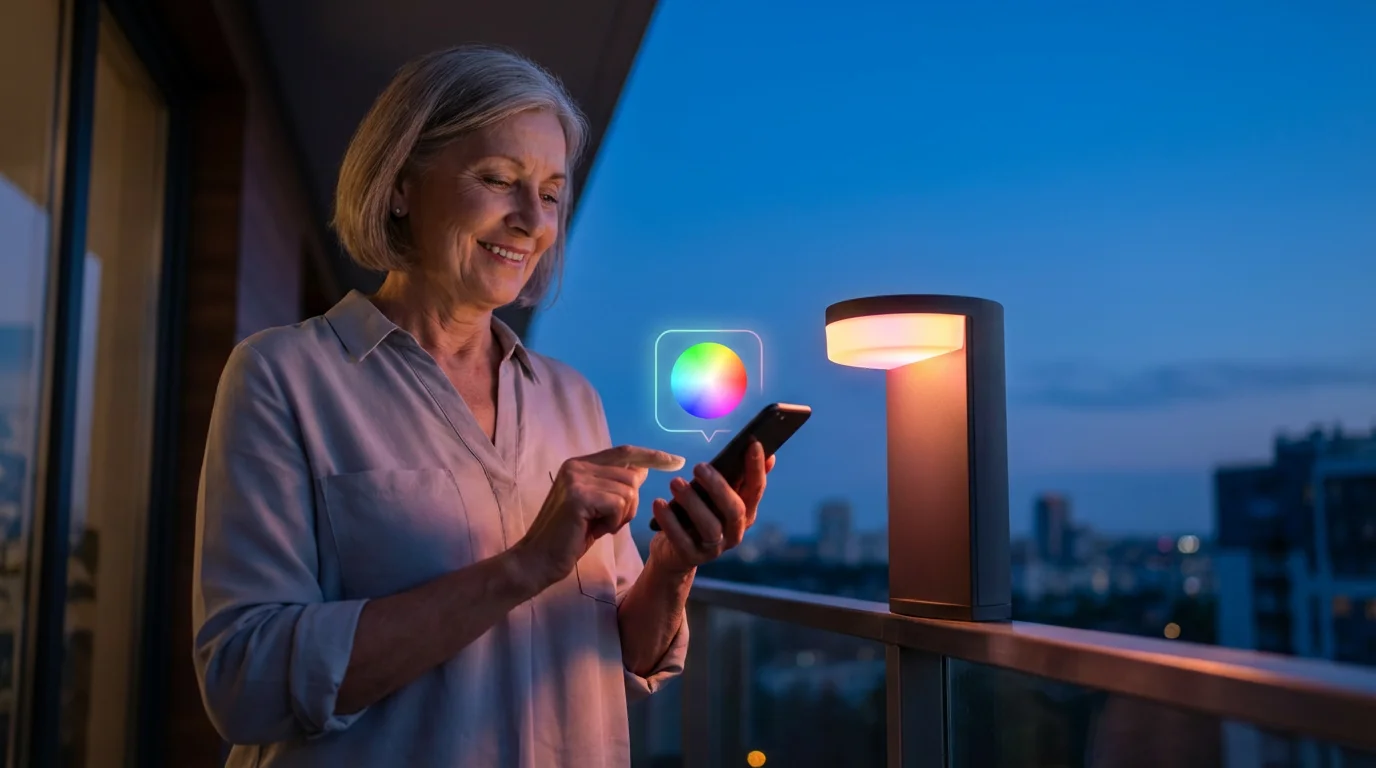 Low angle photo of a senior woman on a balcony using a smartphone.